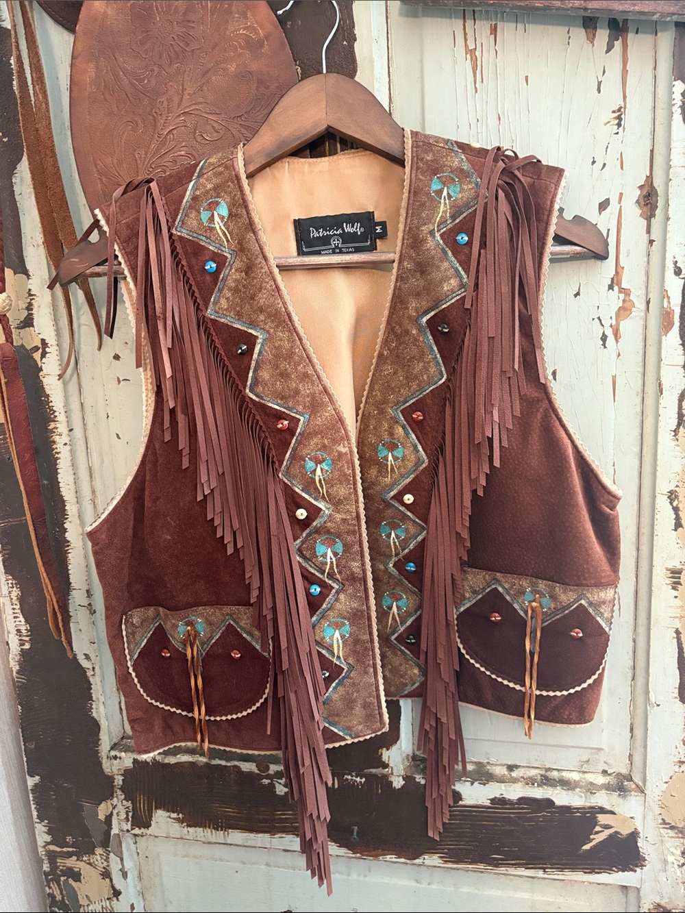 Patricia Wolf Brown Suede Fringe Embroidered Western Vest